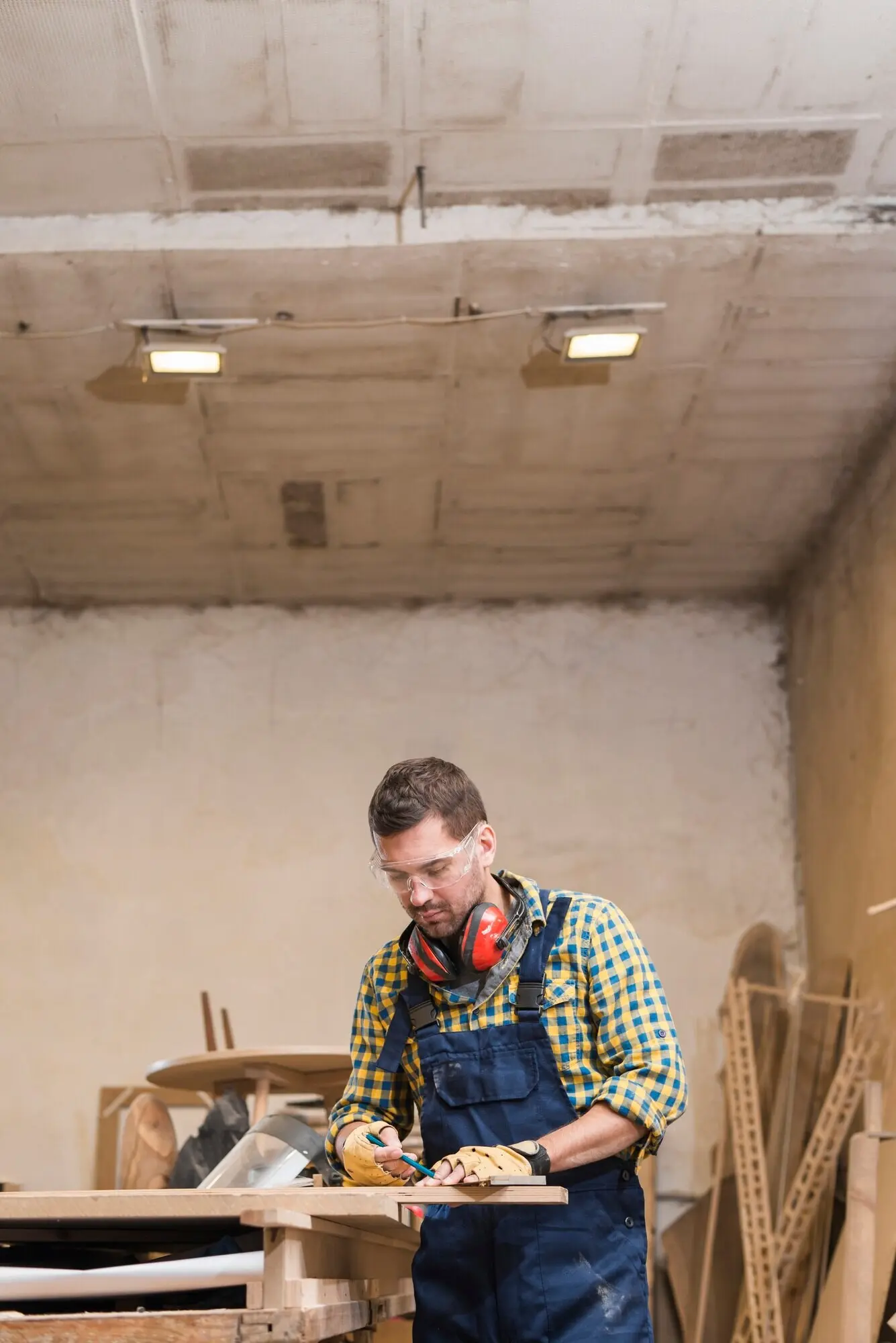 Ein professioneller männlicher Tischler nimmt an der Werkbank in der Werkstatt Maß.